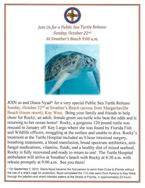Announcement of Rocky's release Sunday, October 22, 2023 at 9:00 am Smather's Beach, Key West.